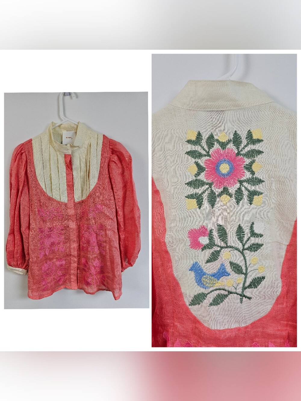 March 11 Floral Bird Embroidered Cross Stitch Cottagecore Linen Pleated Blouse